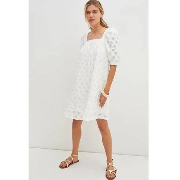 Anthropologie Dresses & Skirts - NEW Maeve Eyelet Mini Dress White Pullover Puff Sleeve Crochet Lace Babydoll